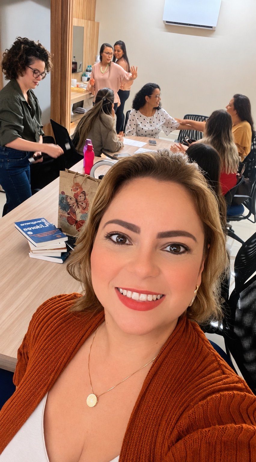 Giseli em registro de uma atividade de capacitação com o grupo ao fundo